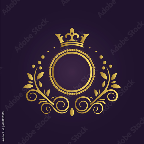 Ornate gold circular emblem with crown and decorative flourishes on dark purple background in luxury style  
