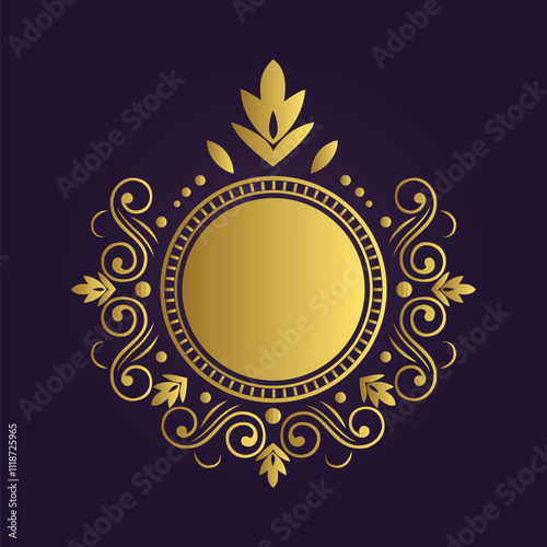 Luxurious ornate circular emblem with gold swirls and floral motifs on deep purple background in elegant style  
