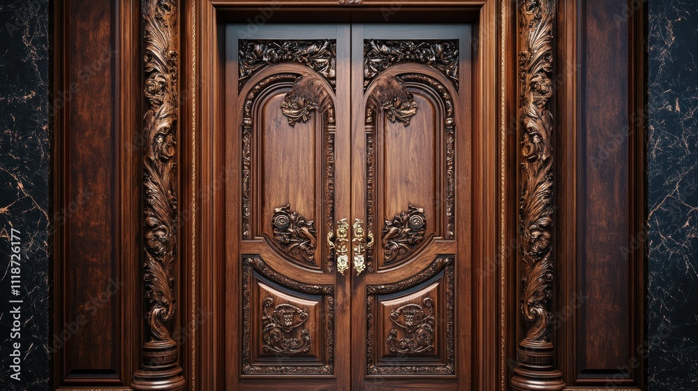 Ornate carved wooden double doors with marble frame. Ornate carved wooden double doors with marble frame.