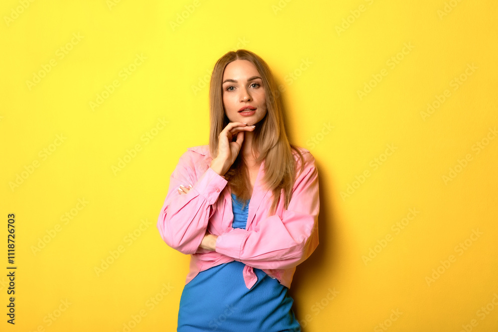 A young woman posing confidently against a vibrant yellow background in a stylish outfit while showcasing her thoughtful expression A young woman posing confidently against a vibrant yellow background in a stylish outfit while showcasing her thoughtful expression