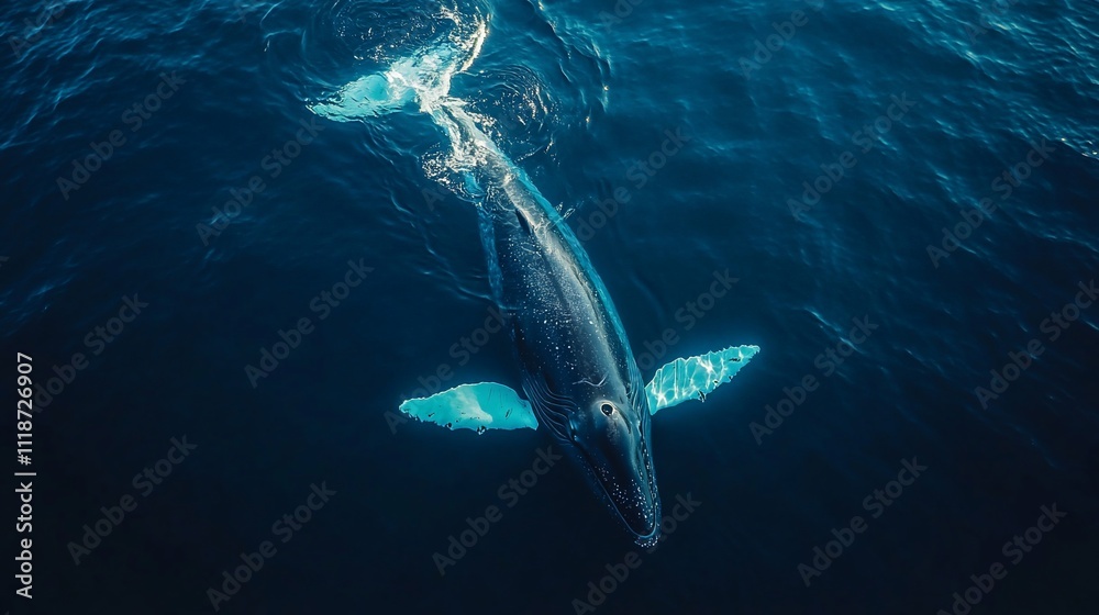 Fototapeta premium Whale surfacing in deep blue ocean.