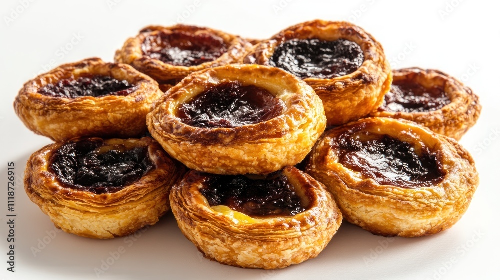 A stack of golden pastry tarts filled with dark fruit jam, showcasing a delicious dessert.