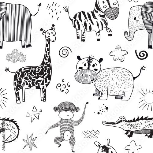 Vector seamless pattern with cartoon safari jungle animals zebra, lion, elephant, crocodile, giraffe, leopard, rhinoceros, hippopotamus. Hand draw cute animals in sketch style. Doodle style line art.
