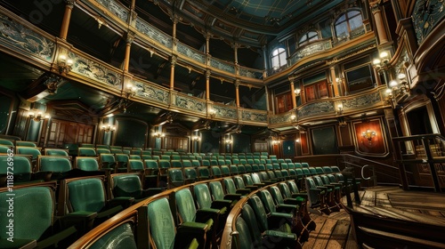 Grand theater interior, ornate balconies, rows of green theater seats.
