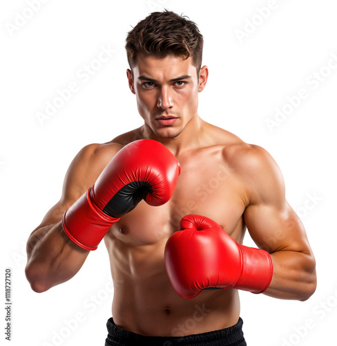 A young boxer wearing red boxing gloves, posing in a fighting stance photo