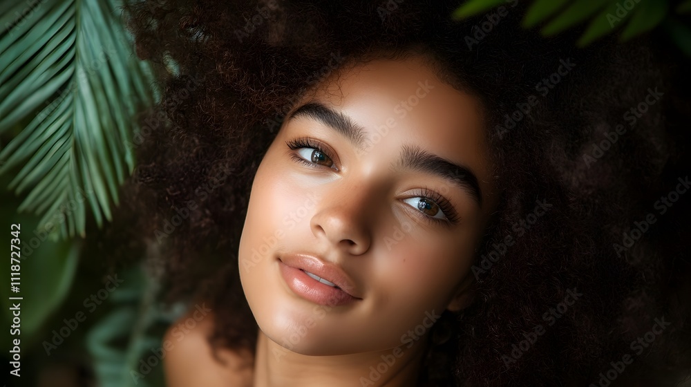 A woman with curly hair looking up at the camera A woman with curly hair looking up at the camera