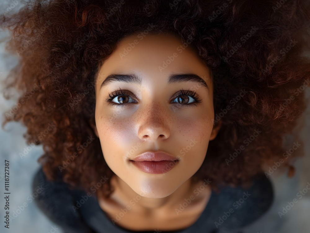 A woman with curly hair looking up at the camera A woman with curly hair looking up at the camera