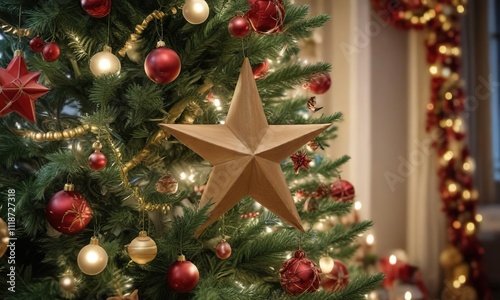 Star atop of Christmas tree with surrounding decorations like ornaments and garlands, pine, christmas photo