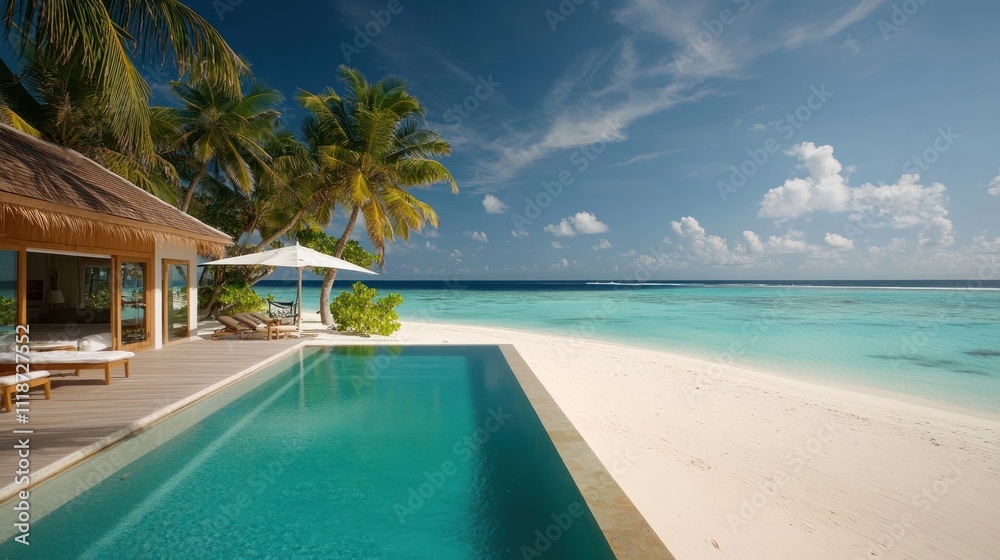 Tropical beach villa with private pool and ocean view.