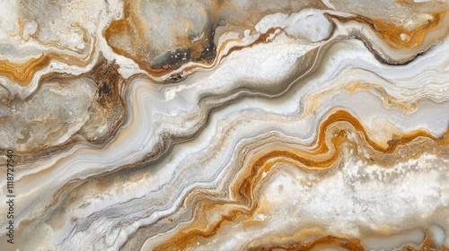 Abstract design featuring flowing patterns in earthy tones of gold, gray, and white.