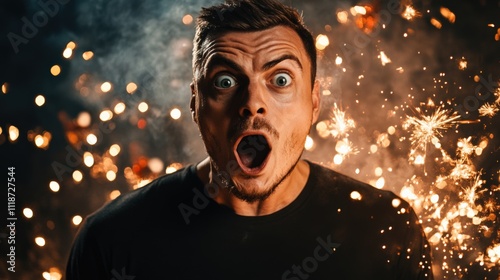 Surprised Man with Fireworks Background