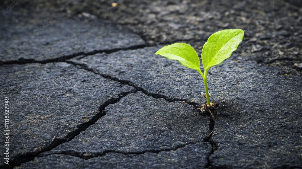 Naklejka premium A small green plant emerges from cracked asphalt, symbolizing resilience and hope.