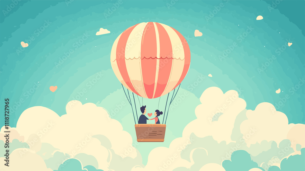 Obraz premium Romantic vector illustration of lovers flying in hot air balloon in sky