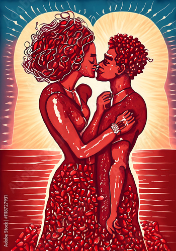 Obraz na płótnie Bella coppia afroamericana che si bacia al tramonto., Illustrazione vettoriale w salonie