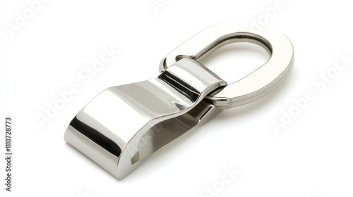 A shiny metal clip designed for fastening or securing items.