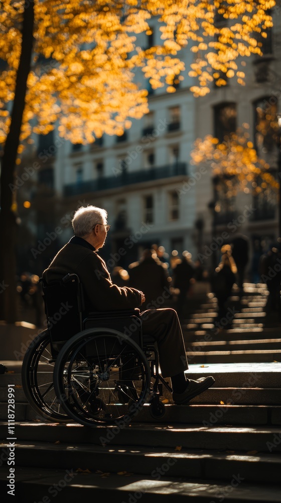 Obraz premium A serene moment as an elderly man in a wheelchair pauses to savor the vibrant autumn foliage amidst a bustling city atmosphere