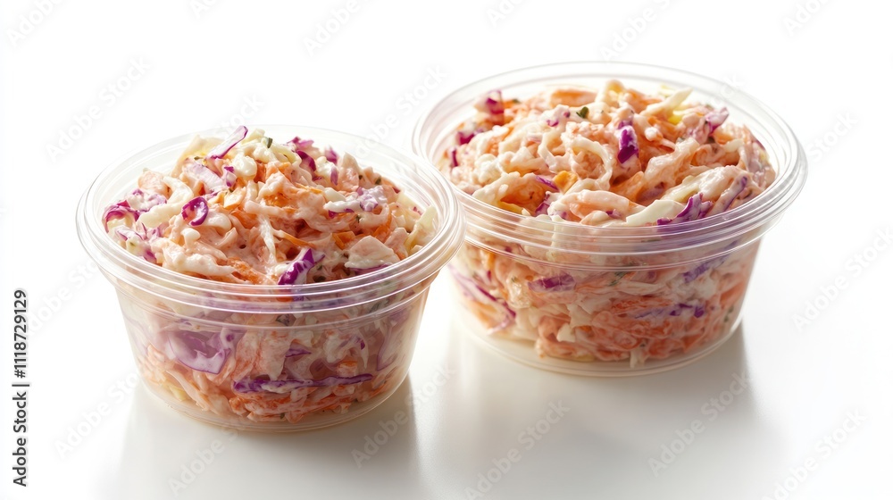 Two bowls of coleslaw with shredded cabbage and carrots, ready for serving. Two bowls of coleslaw with shredded cabbage and carrots, ready for serving.