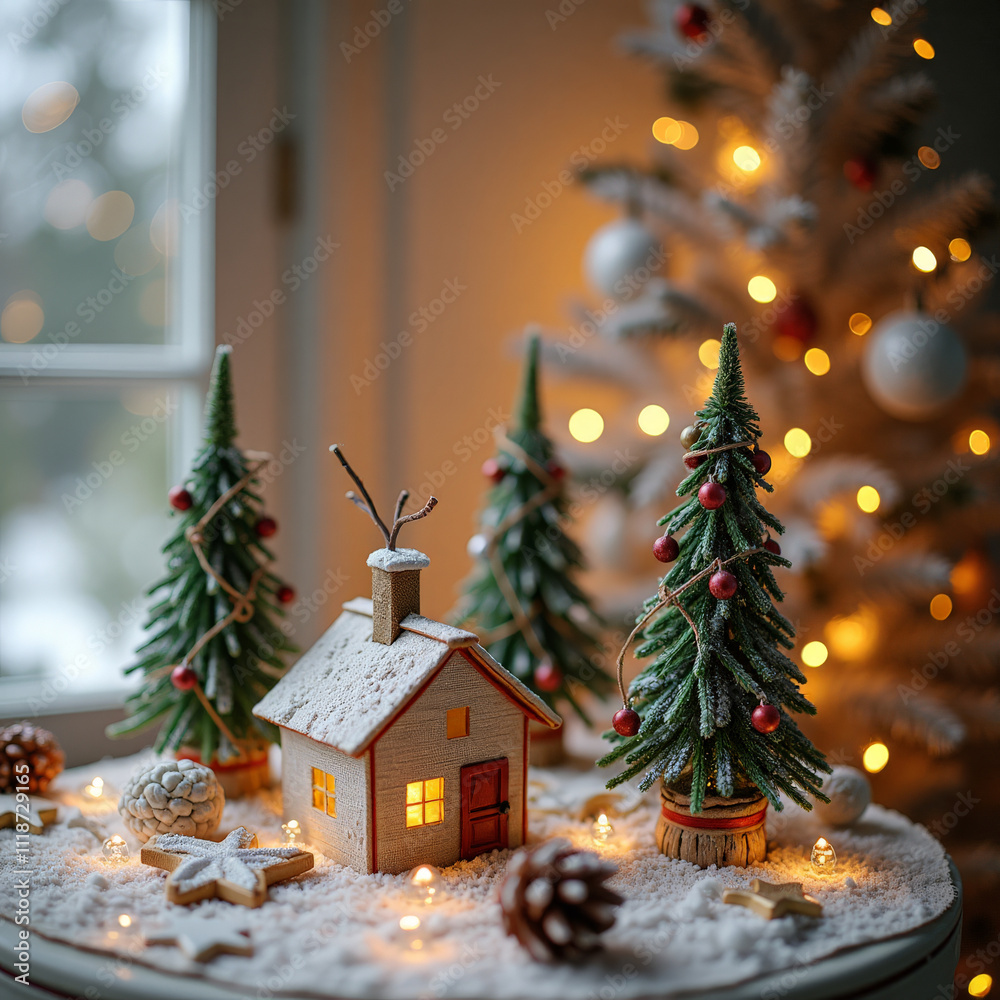 A Christmas scene with a house, three trees, and a tree with lights on it A Christmas scene with a house, three trees, and a tree with lights on it