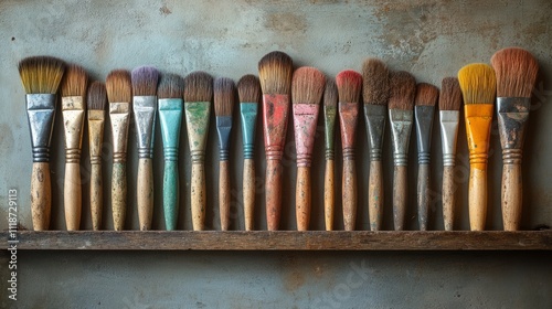 A variety of paint brushes, each showing signs of wear, are neatly arranged on a weathered shelf photo