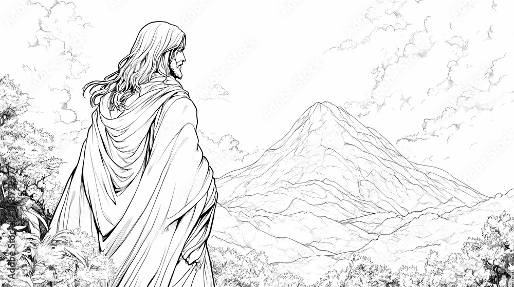 Obraz premium Mystical Jesus Statue Illustration Capturing Serenity and Spiritual Divine Light