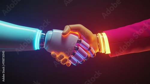 A businessman greeting a digital collaborator in a futuristic setting. Stock photo