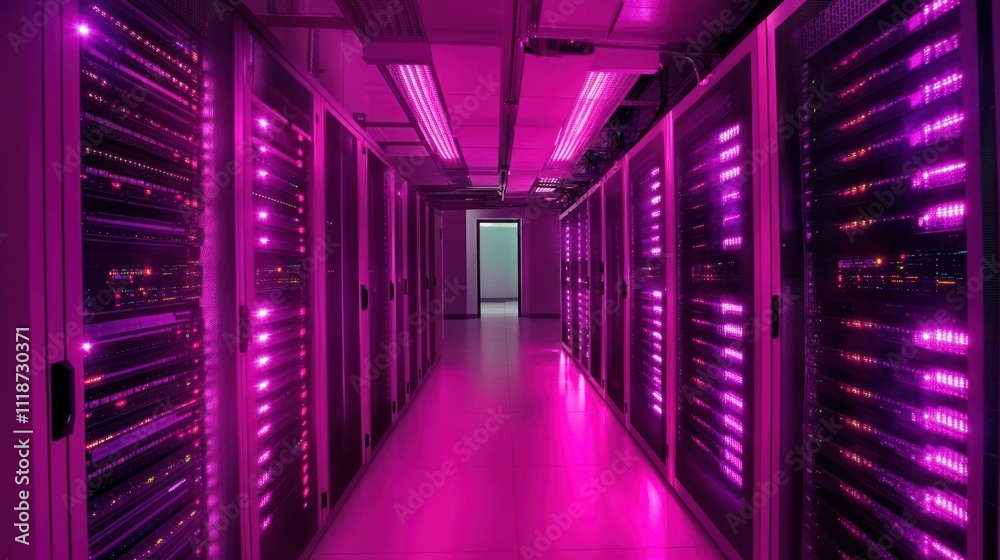 Fototapeta premium Pink-lit server room with rows of data storage racks.