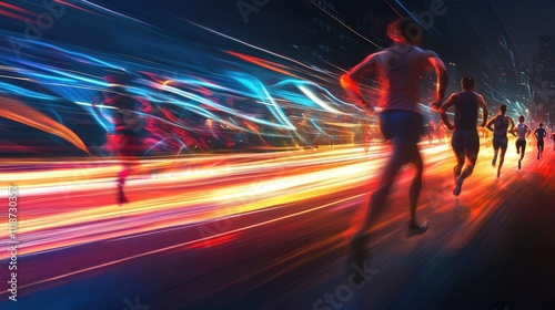 Runners racing at night in a city with light trails.