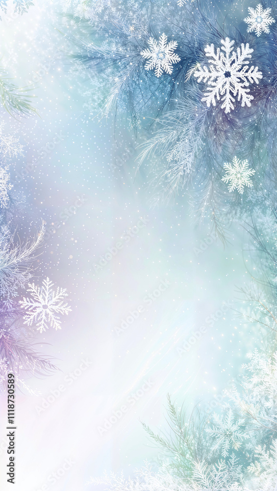 Enchanting Snowy Winter Wallpaper Background with Snowflakes and Ice Frost on Branches, Backdrop in Portrait Orientation Enchanting Snowy Winter Wallpaper Background with Snowflakes and Ice Frost on Branches, Backdrop in Portrait Orientation