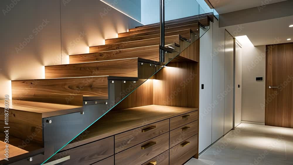 Modern Wooden Staircase with Glass Railings and Integrated Lighting in ...