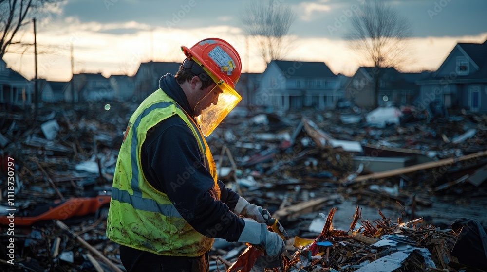Construction Worker in Safety Gear Examining Debris at Sunset in Residential Area After Natural Disaster