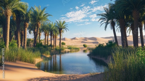 Oasis in the desert surrounded by lush palm trees. Generative AI