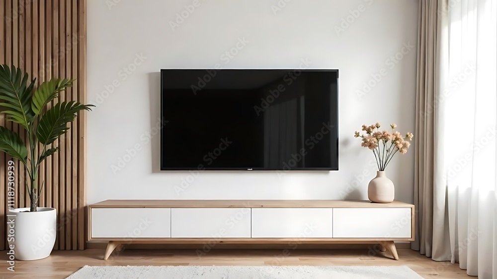 modern living room. TV screen mockup in Scandinavian style apartment modern living room. TV screen mockup in Scandinavian style apartment