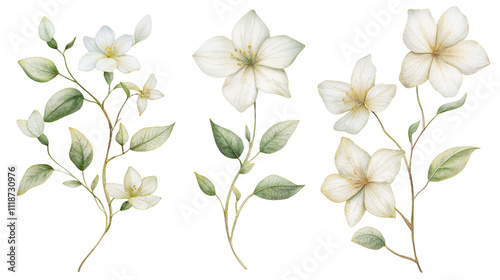 Delicate White Flowers and Green Leaves Arranged in a Soft Watercolor Style Showcasing Nature’s Beauty and Tranquility in Botanical Art