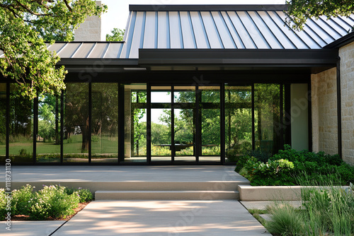 A black metal roof on the front of a Texas ranch home with large glass windows and a concrete walkway leading to the entrance  surrounded by greenery.