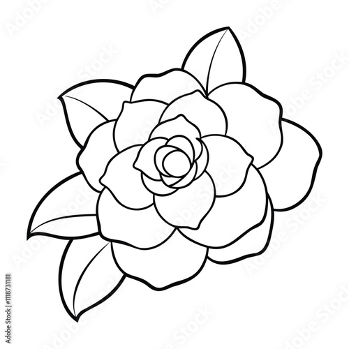 Simple black and white outline of a blooming camellia flower with detailed petals and leaves