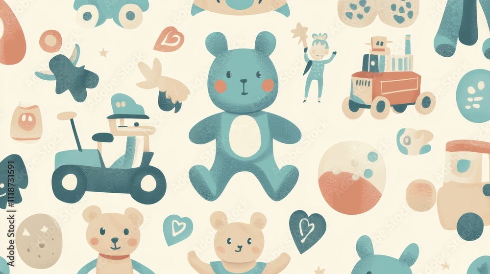 Obraz premium Kids will love this adorable design featuring a variety of cute cartoon toys against a cheerful backdrop.