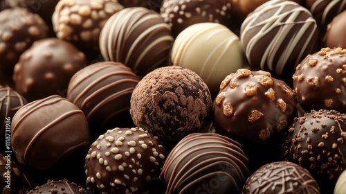 A close-up of assorted chocolate truffles, showcasing various designs and textures.