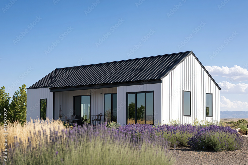 A small, single-story modern farmhouse with white vertical accent walls and a black metal roof stands in the middle of an open field surrounded by lavender plants. The house has large windows. A small, single-story modern farmhouse with white vertical accent walls and a black metal roof stands in the middle of an open field surrounded by lavender plants. The house has large windows.