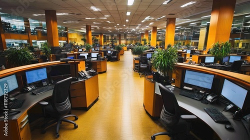 Empty modern office call center with computer workstations.