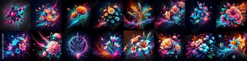 Flowers blending neon and plasma. AI generated illustration Flowers blending neon and plasma. AI generated illustration