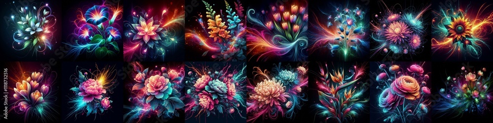 Flowers blending neon and plasma. AI generated illustration Flowers blending neon and plasma. AI generated illustration