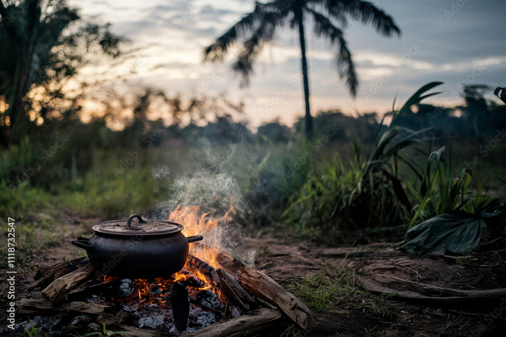 a wood fire with a pot over it, rural african setting a wood fire with a pot over it, rural african setting