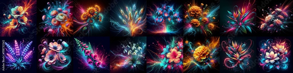 Flowers blending neon and plasma. AI generated illustration Flowers blending neon and plasma. AI generated illustration