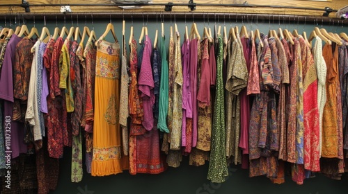 A vibrant display of colorful garments hanging on wooden hangers in a retail setting.