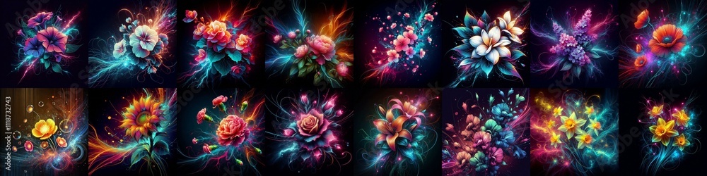 Flowers blending neon and plasma. AI generated illustration Flowers blending neon and plasma. AI generated illustration
