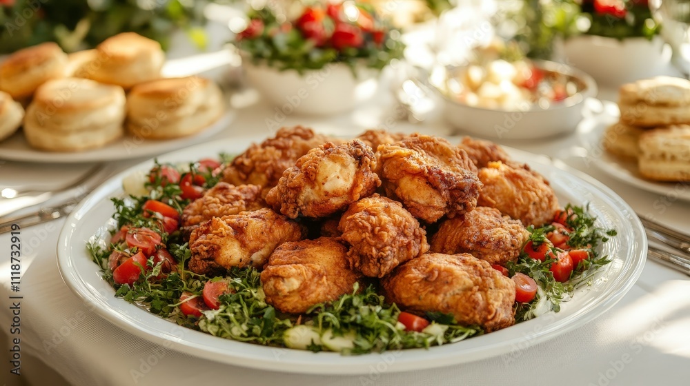 A platter of crispy fried chicken served on a bed of greens, surrounded by side dishes. A platter of crispy fried chicken served on a bed of greens, surrounded by side dishes.
