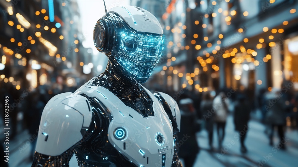 Futuristic robot in a city street. Futuristic robot in a city street.