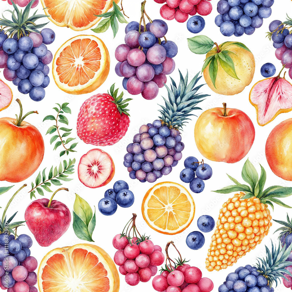 Watercolor illustration of seamless pattern with fruits Watercolor illustration of seamless pattern with fruits