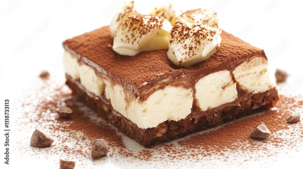 A delicious slice of dessert featuring layers of chocolate, cream, and cocoa powder.