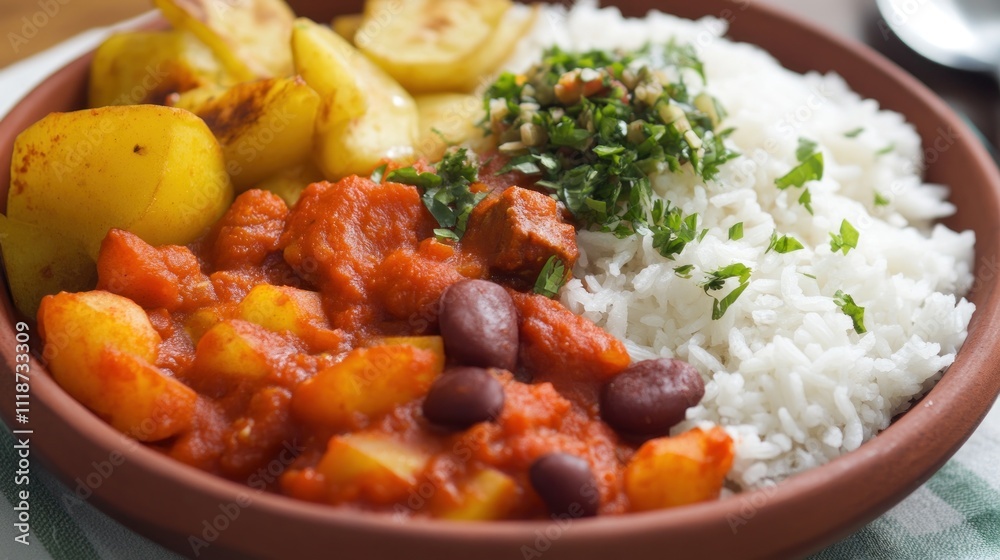 A colorful plate featuring rice, beans, potatoes, and a fresh herb topping. A colorful plate featuring rice, beans, potatoes, and a fresh herb topping.
